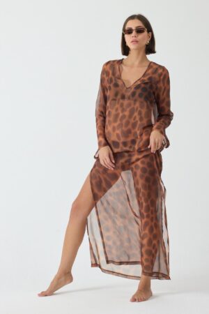 Leopar Desenli Uzun Transparan Kimono Elbise
