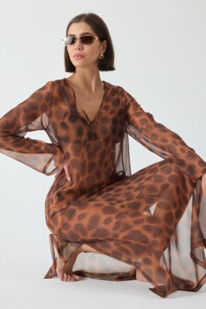 Alternative view of Leopar Desenli Uzun Transparan Kimono Elbise