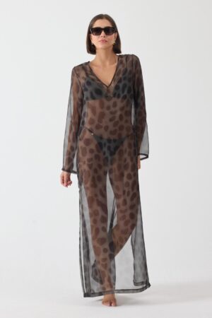 Leopar Desenli Uzun Transparan Kimono Elbise Siyah